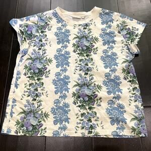 Clare V. Floral Stripe Cotton Classic T-Shirt Blue Cream Women's Size S